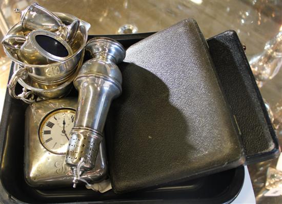 Collection of silver, including travel clock, gravy boat, sugar caster, cruet set, cased knives etc